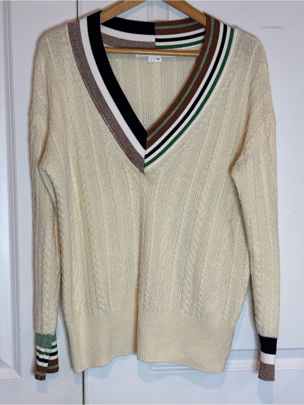 Veronica Beard Rory Mix Stripe Cream Brown Green V-neck Cable Knit Sweater S